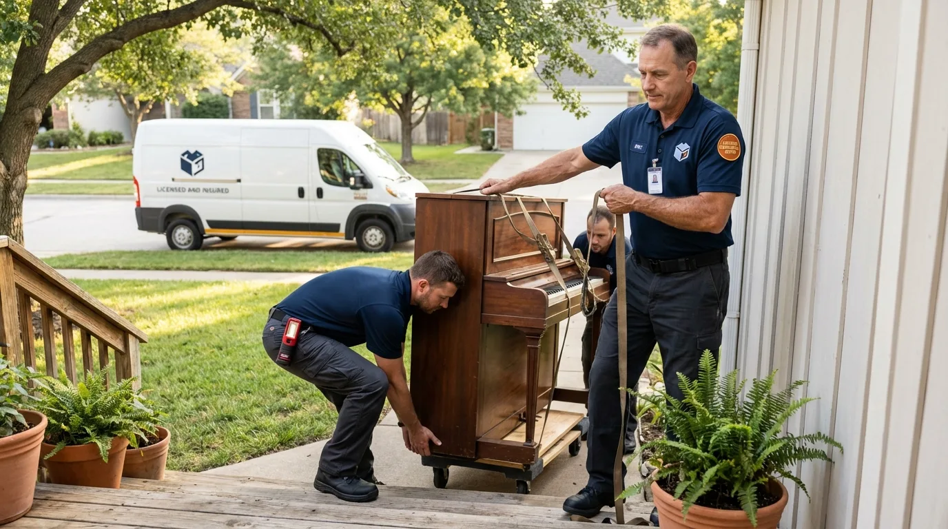 Licensed piano movers securing grand piano in Mount Morris, NY