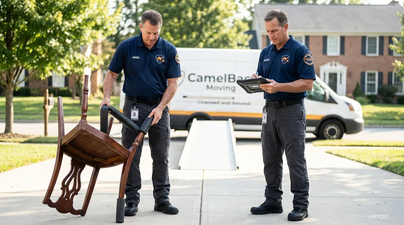 Movers inspecting furniture for damage prevention before loading in Mount Morris, NY